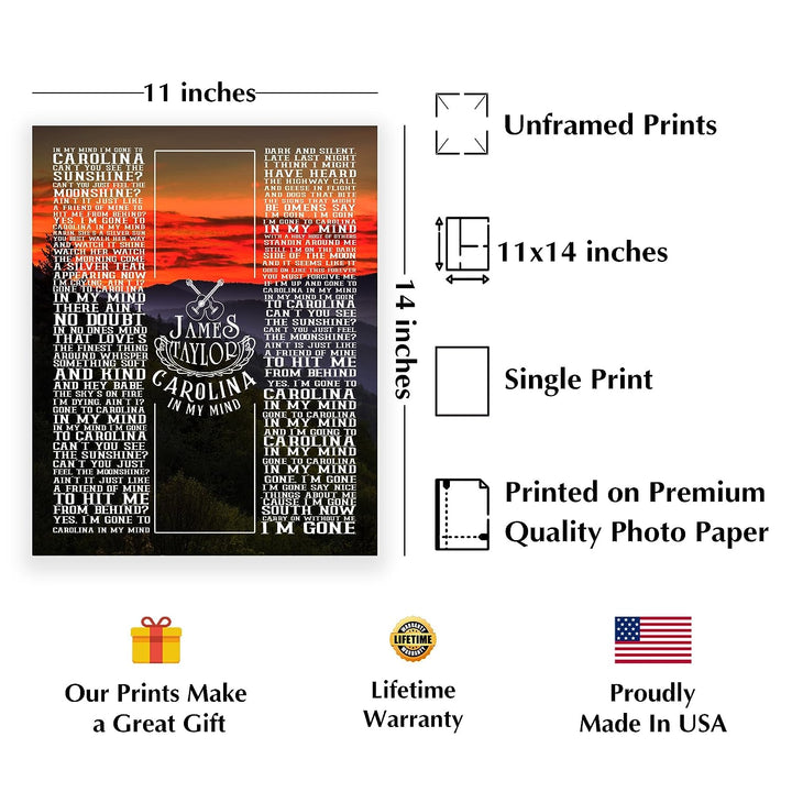 James Taylor-"Carolina In My Mind"-Greatest Hits Wall Sign-11 x 14" Song Art Poster Print-Ready to Frame. Classic Decor for Home-Studio-Bar-Dorm-Cave. Great Gift for All Folk Rock-Country Music Fans!