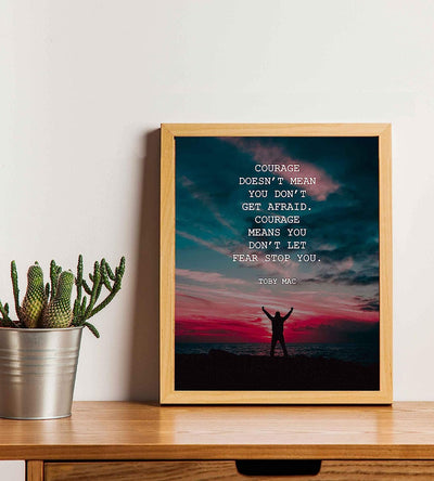 Courage Means You Don't Let Fear Stop You-Toby Mac Quotes Wall Art-8 x 10" Purple Sunset Typographic Poster Print-Ready to Frame. Inspirational Home-Studio-Office Decor. Perfect Life Lesson!