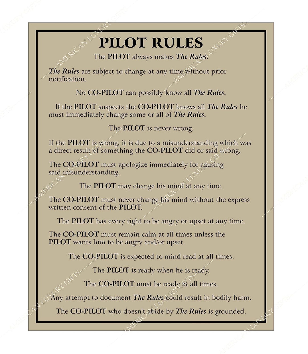 Pilot Rules-Pilot Always Makes The Rules Funny Wall Sign -11 x 14" Typographic Wall Art Print-Ready to Frame. Home-Office-Garage-Cave Decor. Perfect Sign for Plane Hangar! Great Gift for Pilots!