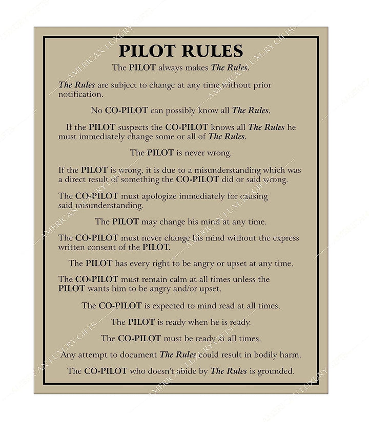 Pilot Rules-Pilot Always Makes The Rules Funny Wall Sign -11 x 14" Typographic Wall Art Print-Ready to Frame. Home-Office-Garage-Cave Decor. Perfect Sign for Plane Hangar! Great Gift for Pilots!