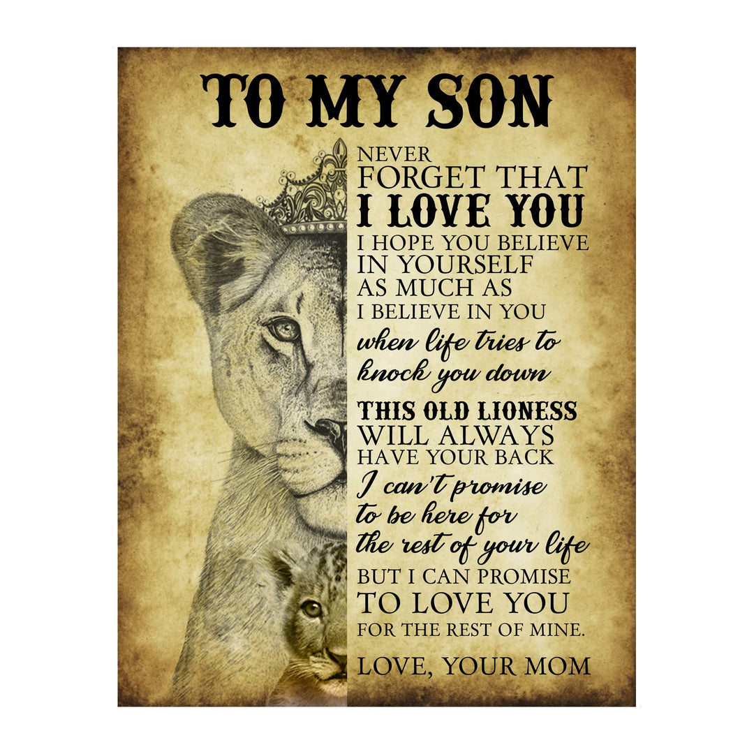 To My Son Never Forget That I Love You - Motivational Wall Art Print - Wall Art Poster Print with Lioness Image for Boy’s Room, Family and Office Decor