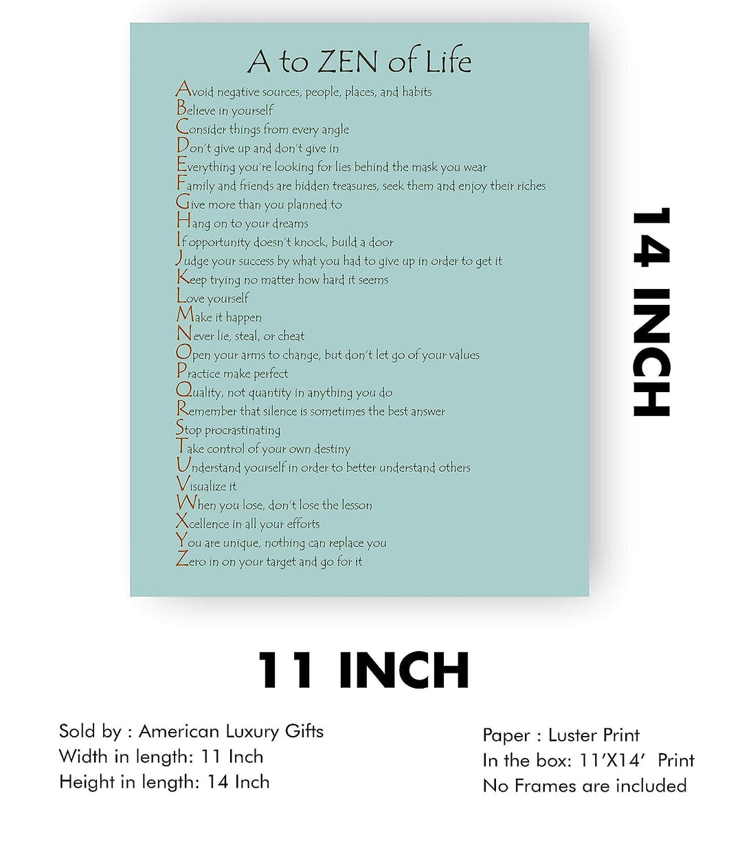 A to Zen of Life Spiritual Wall Art Sign-11 x 14" Inspirational Typographic Poster Print-Ready to Frame. Positive Decor for Home-Office-Spa-Yoga-Meditation. Great Motivational Gift for Mindfulness!