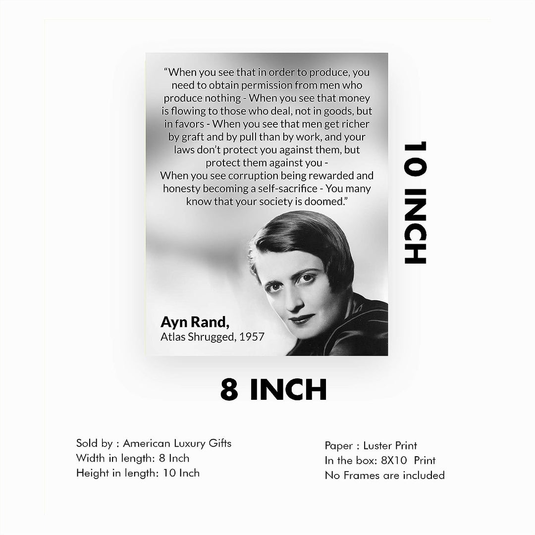 Ayn Rand Quotes-"Atlas Shrugged"-8 x 10" Typographic Political Wall Art Print w/Photo Image-Ready to Frame. Motivational Decor for Home-Office-Classroom-Library. Perfect Gift for History Fans!