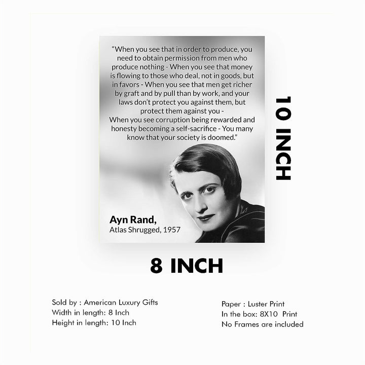 Ayn Rand Quotes-"Atlas Shrugged"-8 x 10" Typographic Political Wall Art Print w/Photo Image-Ready to Frame. Motivational Decor for Home-Office-Classroom-Library. Perfect Gift for History Fans!