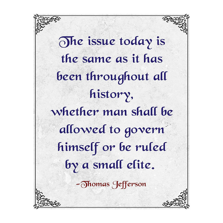 Thomas Jefferson-"Man Shall Govern Himself Or Be Ruled By Small Elite"-Presidential Quotes Wall Art-8x10" Typographic History Print-Ready to Frame. Patriotic Home-Office-Bar-Cave-Library Decor!