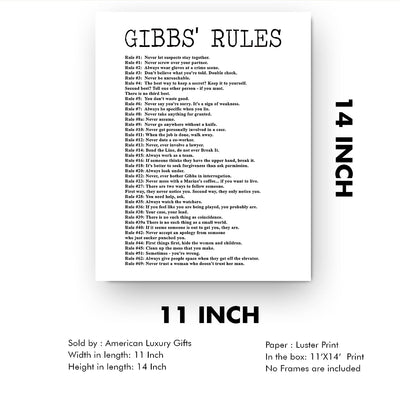 Gibbs' Rules- Funny Office Sign - 11 x 14" Wall Decor Print-Ready to Frame. Humorous Poster Print for Home-Office-Studio-Bar-Garage. Great Desk & Cubicle Sign. Perfect Novelty Gift for NCIS Fans!