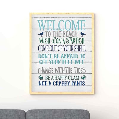 Welcome to the Beach Inspirational Beach-Ocean Themed Sign-11 x 14" Wall Art Print-Ready to Frame. Rustic Distressed Wood Design. Perfect Home-Beach House-Nautical Decor! Printed on Paper-Not Wood.