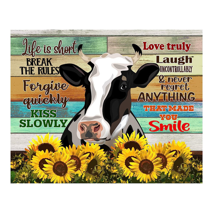 Life Is Short-Break the Rules-Inspirational Cow Wall Art-14 x 11" Rustic Farmhouse Print w/Wood Design &amp; Sunflower Images-Ready to Frame. Country Decor for Home-Dining Room. Printed on Photo Paper.