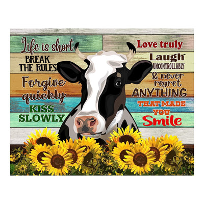 Life Is Short-Break the Rules-Inspirational Cow Wall Art-14 x 11" Rustic Farmhouse Print w/Wood Design & Sunflower Images-Ready to Frame. Country Decor for Home-Dining Room. Printed on Photo Paper.