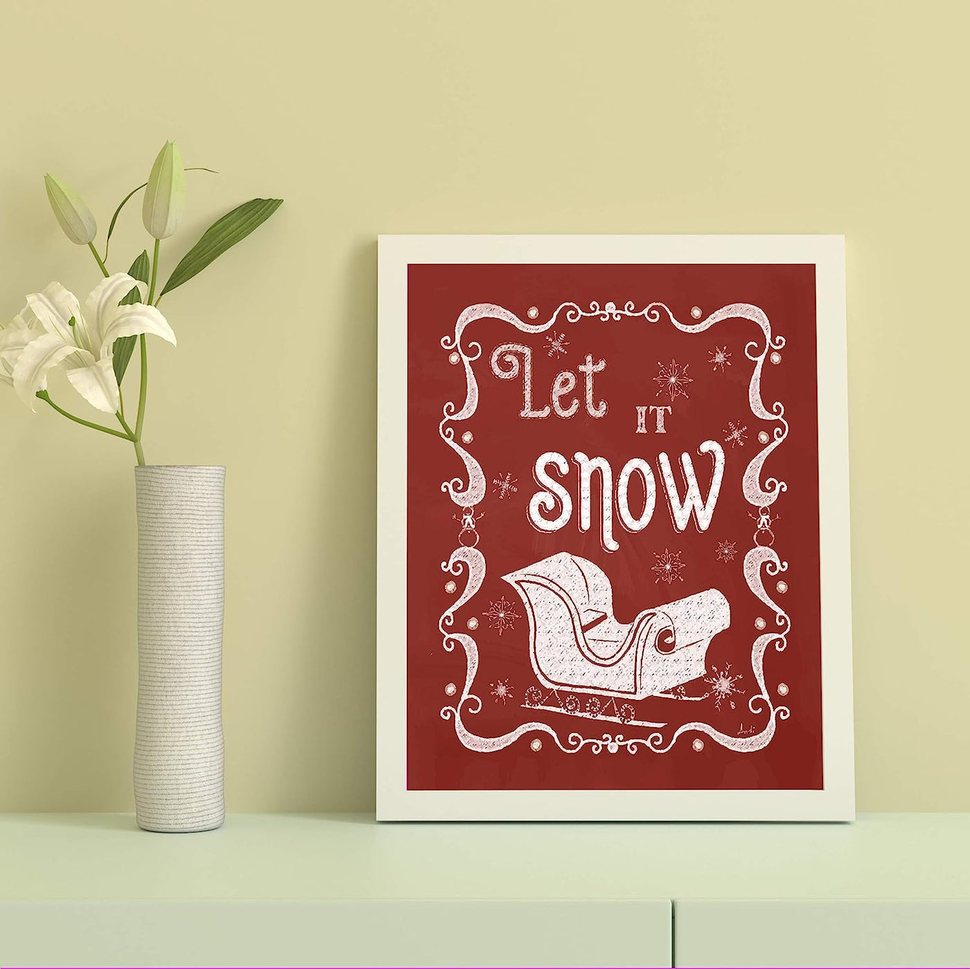 Let It Snow Christmas Songs Wall Art-8 x 10" Fun Winter Holiday Print w/Santa's Sleigh Image -Ready to Frame. Festive Decoration for Home-Welcome-Kitchen-Farmhouse-Christian Decor. Great Gift!