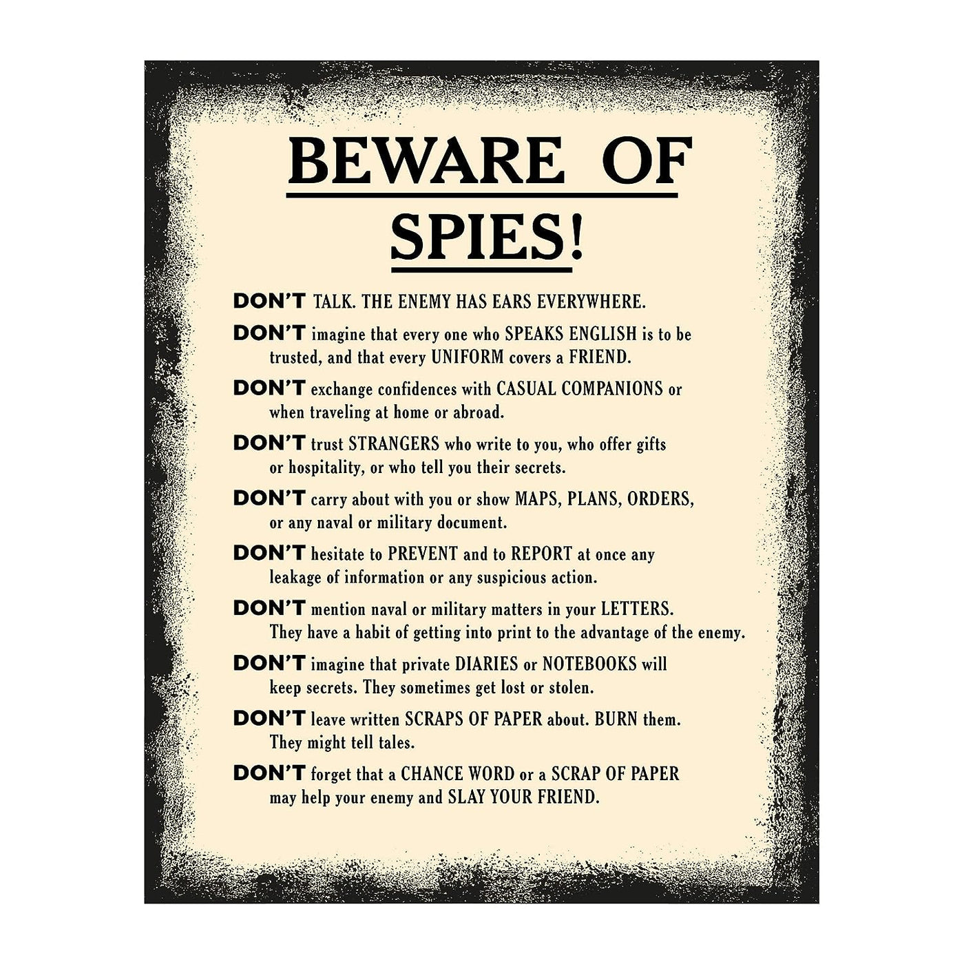 Beware of Spies-Funny Military Rules Sign - 8 x 10" Modern Typographic Wall Art Print-Ready to Frame. Humorous Patriotic Decor for Home-Office-Garage-Cave-Shop. Fun Gift for Soldiers & Veterans!