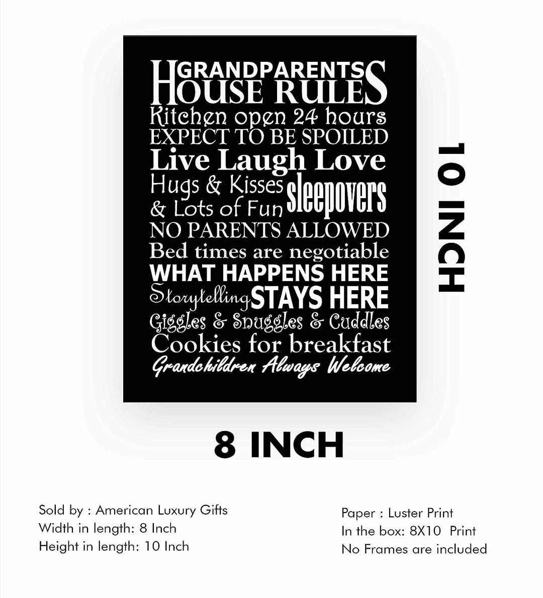 Grandparents-House Rules Family Wall Art -8 x 10" Funny Typographic Poster Print-Ready to Frame. Inspirational Home-Kitchen-Farmhouse Decor. Great Welcome Sign! Perfect Gift for Grandma &amp; Grandpa!