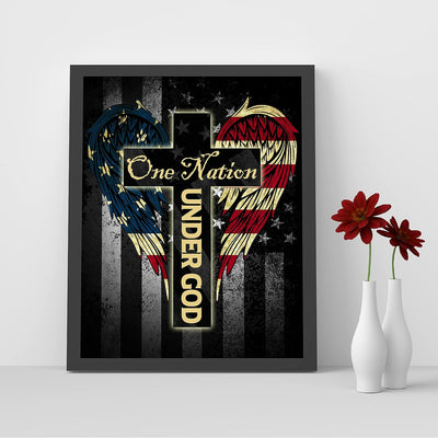 One Nation Under God- Patriotic American Flag Wall Art -8 x 10" Cross with Angel Wings Wall Decor Print -Ready To Frame. Christian Home-Office-Garage-Bar Decor. Show Your Love of God and USA!