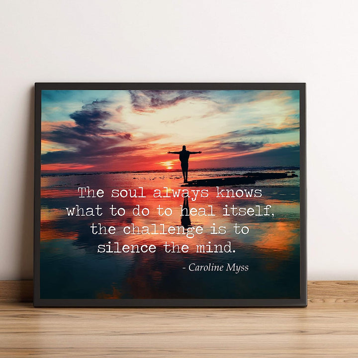 The Challenge Is to Silence the Mind Motivational Quotes Wall Art -10 x 8" Typographic Beach Sunset Print-Ready to Frame. Home-Office-Yoga Studio-School Decor. Great Zen Advice for Meditation!