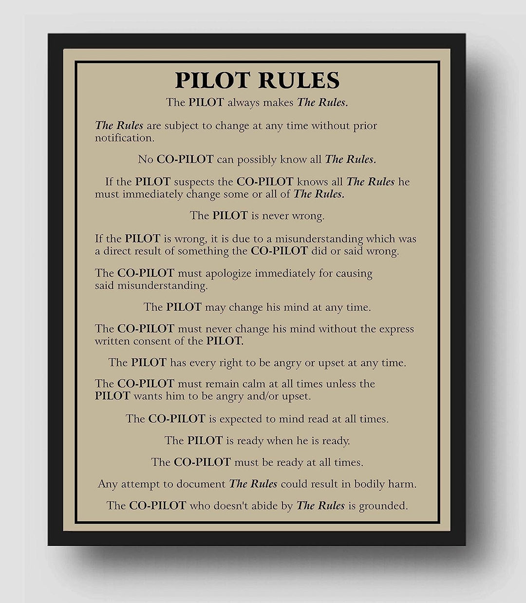 Pilot Rules-Pilot Always Makes The Rules Funny Wall Sign -11 x 14" Typographic Wall Art Print-Ready to Frame. Home-Office-Garage-Cave Decor. Perfect Sign for Plane Hangar! Great Gift for Pilots!