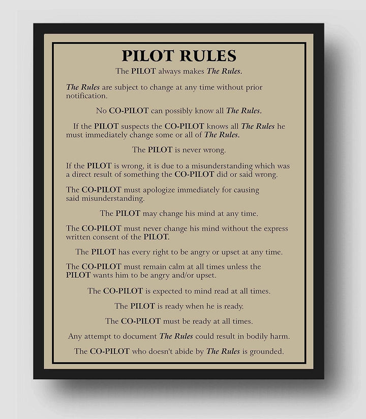Pilot Rules-Pilot Always Makes The Rules Funny Wall Sign -11 x 14" Typographic Wall Art Print-Ready to Frame. Home-Office-Garage-Cave Decor. Perfect Sign for Plane Hangar! Great Gift for Pilots!