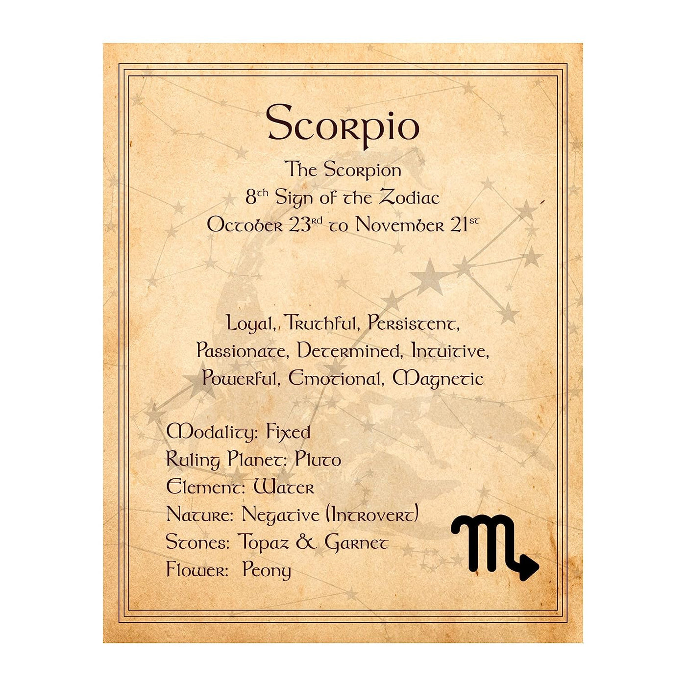 Scorpio-The Scorpion Zodiac Sign Wall Art. 8 x 10" Print Wall Print-Ready to Frame. Constellation Design-Astrology Decor for Home-Office-Bedroom. Horoscope's Adjectives-Primary Elements. Great Gift!