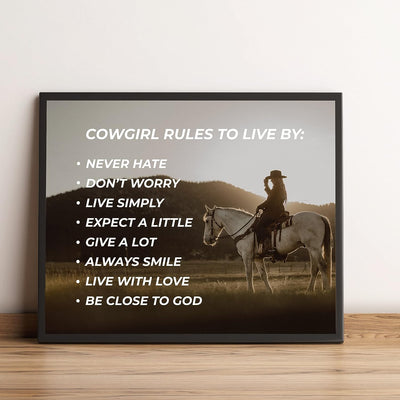 Cowgirl Rules to Live By- Western Wall Art Sign- 10 x 8"- Woman Riding Horse in Mountains Photo Print -Ready to Frame. Country Rustic Decor for Home-Lodge-Camp-Cabin. Great Gift for All Cowgirls!