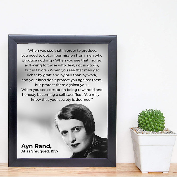Ayn Rand Quotes-"Atlas Shrugged"-8 x 10" Typographic Political Wall Art Print w/Photo Image-Ready to Frame. Motivational Decor for Home-Office-Classroom-Library. Perfect Gift for History Fans!