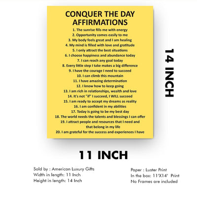 Conquer the Day Affirmations- Motivational Quotes Wall Art -11 x 14" Modern Inspirational Poster Print -Ready to Frame. Yellow Typography Decor for Home-Office-Classroom. Great Gift of Motivation!