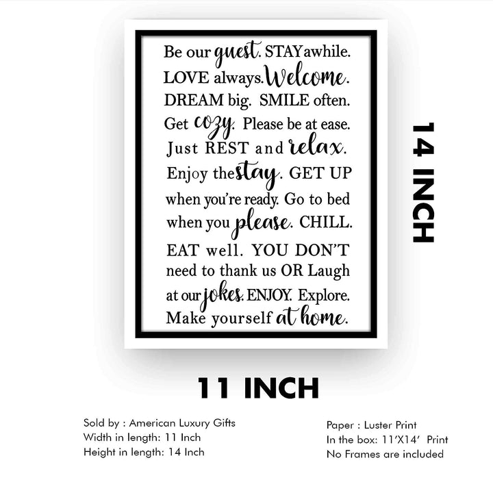 Be Our Guest-Stay Awhile- Welcome Sign Wall Art -11 x 14" Modern Typographic Poster Print-Ready to Frame. Perfect Home-Guest Room-Cabin-B&amp;B-Lake-Beach House Decor. Inviting Message for Guests!