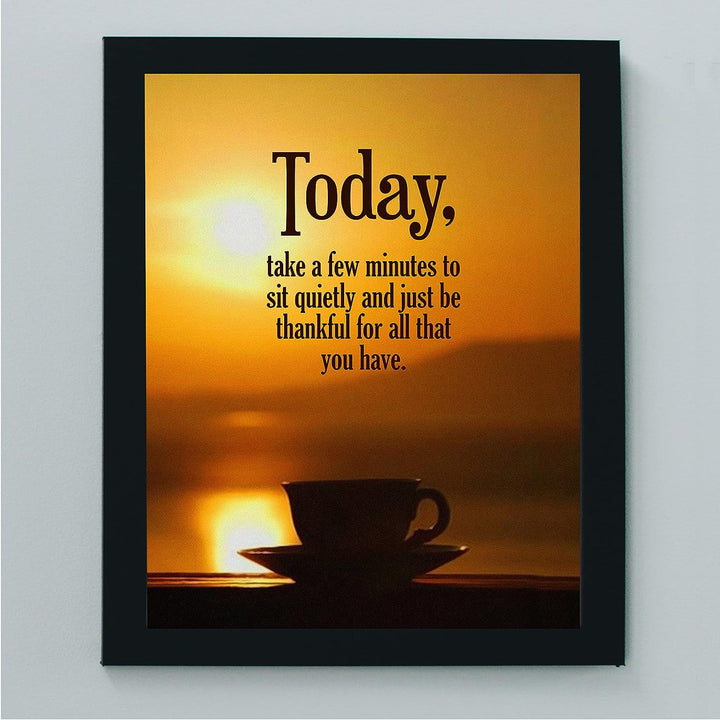 Today-Take a Few Minutes to Be Thankful Inspirational Christian Wall Sign -8 x 10" Sunset Print w/Coffee Mug Image- Ready to Frame. Motivational Decor for Home-Office-School-Work. Great Advice!
