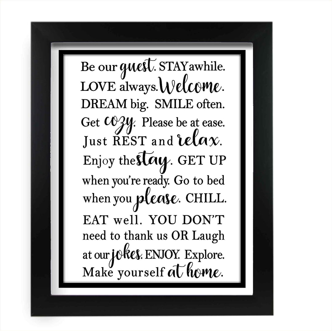 Be Our Guest-Stay Awhile- Welcome Sign Wall Art -11 x 14" Modern Typographic Poster Print-Ready to Frame. Perfect Home-Guest Room-Cabin-B&amp;B-Lake-Beach House Decor. Inviting Message for Guests!