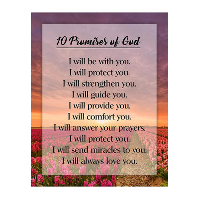 10 Promises of God Motivational Christian Wall Art -11 x 14" Floral Sunrise Print-Ready to Frame. Typographic Design. Inspirational Home-Office-Church-School Decor. Great Religious Gift of Faith!