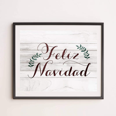 Feliz Navidad Rustic Holiday Sign -14 x 11" Festive Merry Christmas Wall Art Print w/Replica Wood Design-Ready to Frame. Typographic Home-Kitchen-Farmhouse-Welcome Decor. Printed on Paper.