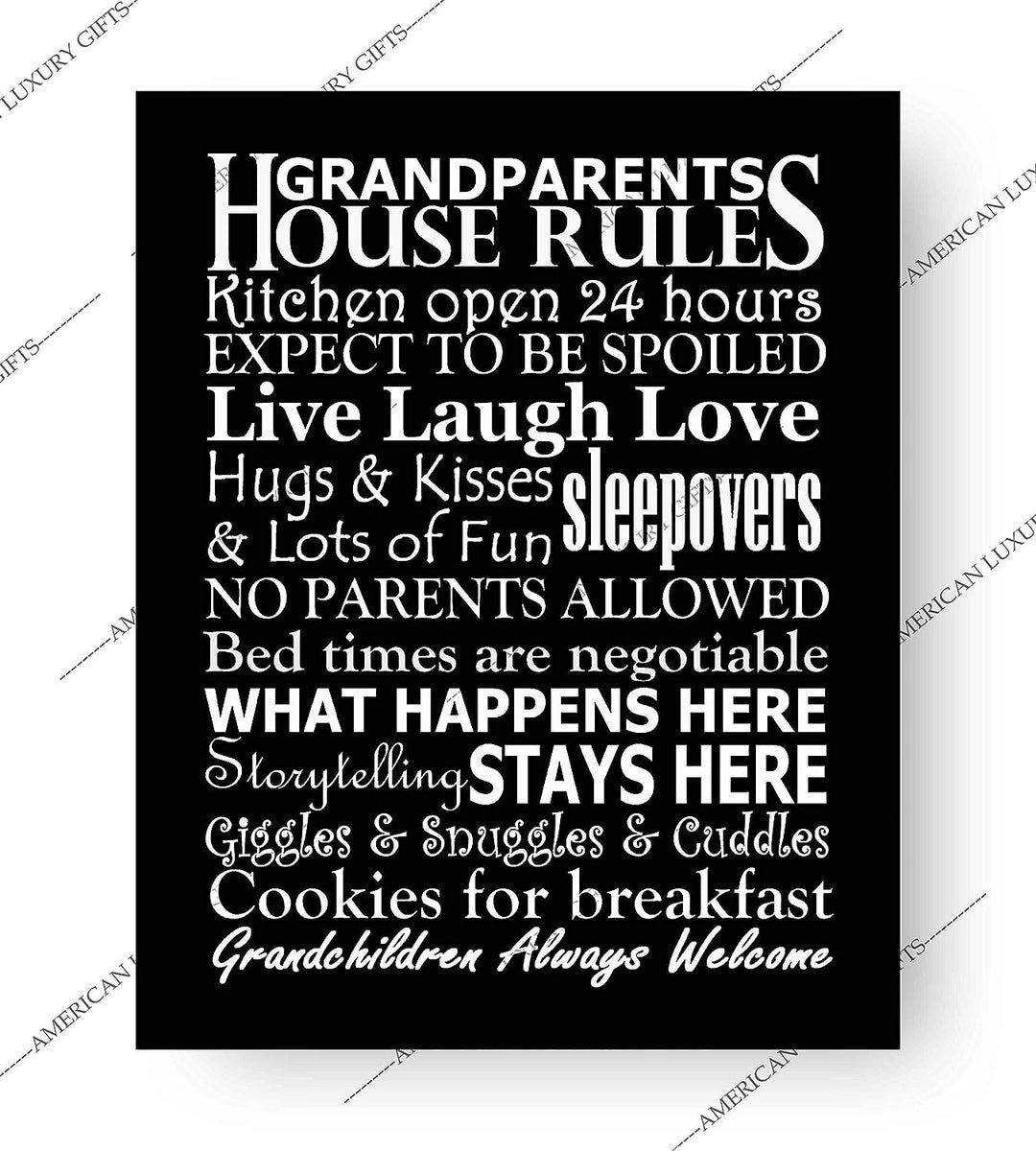 Grandparents-House Rules Family Wall Art -8 x 10" Funny Typographic Poster Print-Ready to Frame. Inspirational Home-Kitchen-Farmhouse Decor. Great Welcome Sign! Perfect Gift for Grandma &amp; Grandpa!