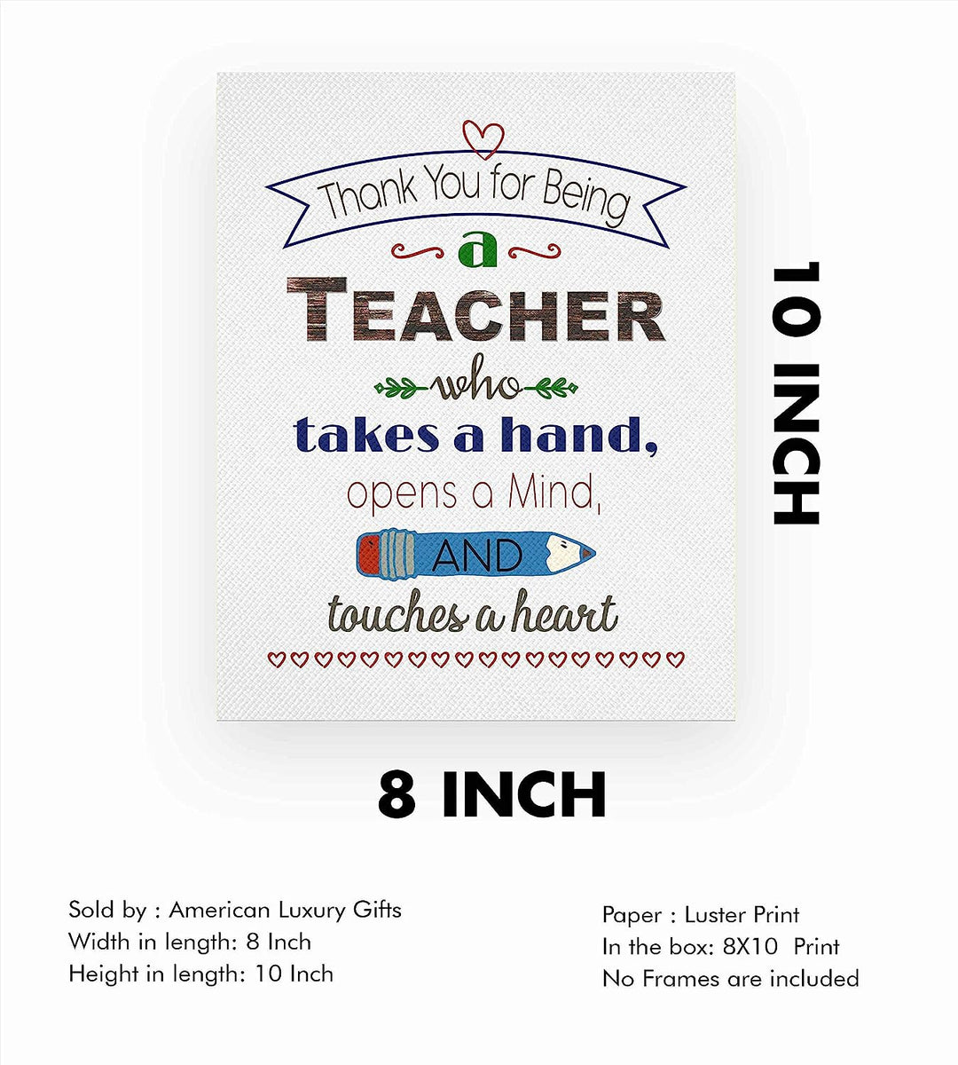 ?Thank You For Being A Teacher?- Uplifting Quotes Wall Art- 8 x 10" Modern Inspirational Poster Print- Ready to Frame. Great Home-Office-Classroom Decor. Perfect Gift of Appreciation &amp; Gratitude!