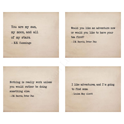 Famous Poetic Quotes-Wall Art Set-(4) -8 x 10's Art Wall Prints- J.M. Barrie, E.E. Cummings, Louisa May Alcott-Ready to Frame. Home-Kids Bedroom-Studio-Office-Library Decor. Great Literary Gifts!