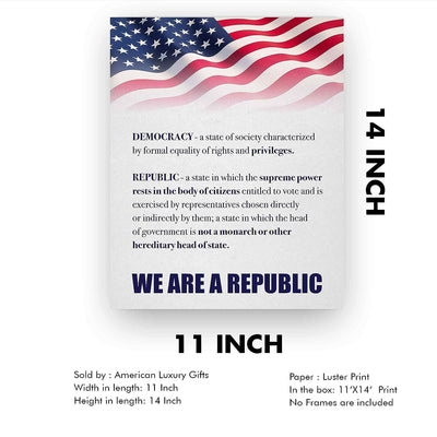 We Are A Republic Patriotic Poster Print -11 x 14" Wall Art Sign-Ready to Frame. Distressed Parchment Replica w/American Flag. Perfect Decor for Home-Office-School-Library. Knowledge on Display!