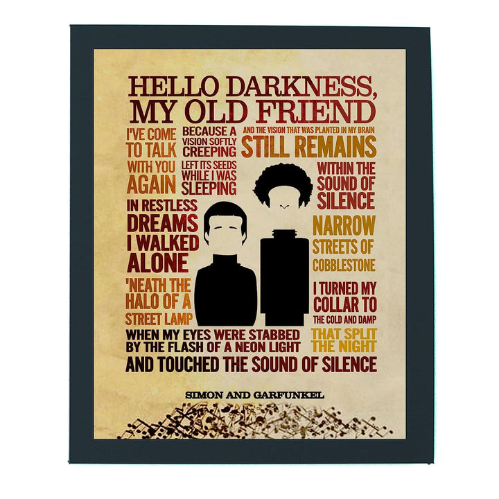 Simon &amp; Garfunkel-"The Sound of Silence"-Song Lyric Wall Art Sign -11 x 14" Distressed Typographic Music Print-Ready to Frame. Home-Studio-Bar-Man Cave Decor. Perfect for All Folk Rock Music Fans!