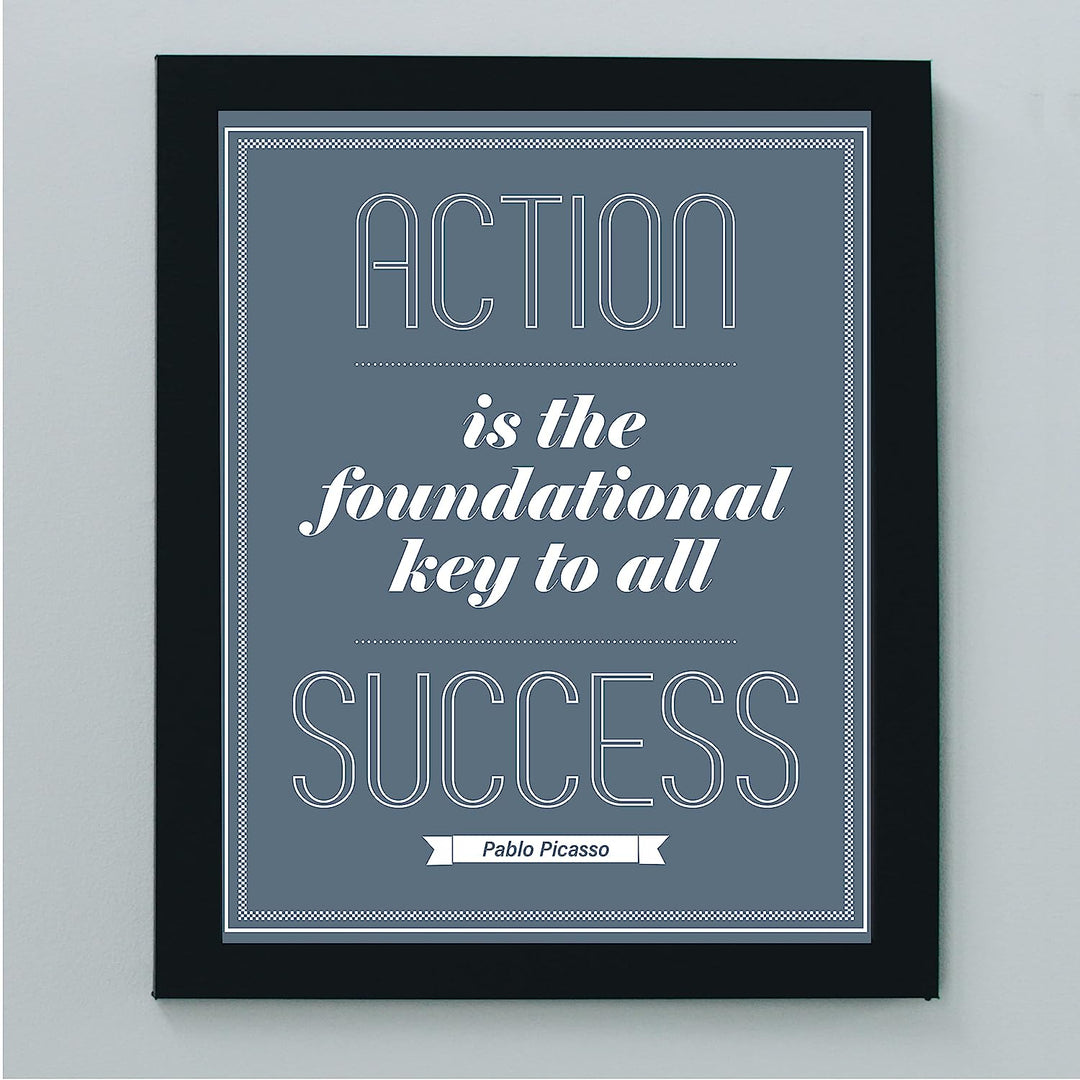 Pablo Picasso Quotes-"Action Is the Foundational Key to All Success" Motivational Wall Art-8 x 10" Modern Typographic Print-Ready to Frame. Inspirational Decor for Home-Office-Work-Gym-School Decor!