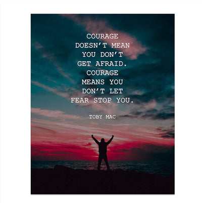 Courage Means You Don't Let Fear Stop You-Toby Mac Quotes Wall Art-8 x 10" Purple Sunset Typographic Poster Print-Ready to Frame. Inspirational Home-Studio-Office Decor. Perfect Life Lesson!