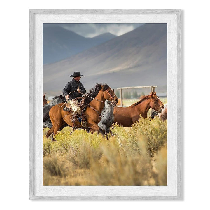 Cowboy Rounding Up Horses- Western Wall Art Sign- 10 x 8"- Mountain Landscape Photo Print -Ready to Frame. Country Rustic Decor for Home-Lodge-Camp-Cabin. Great Gift for Cowboys &amp; Horse Lovers!