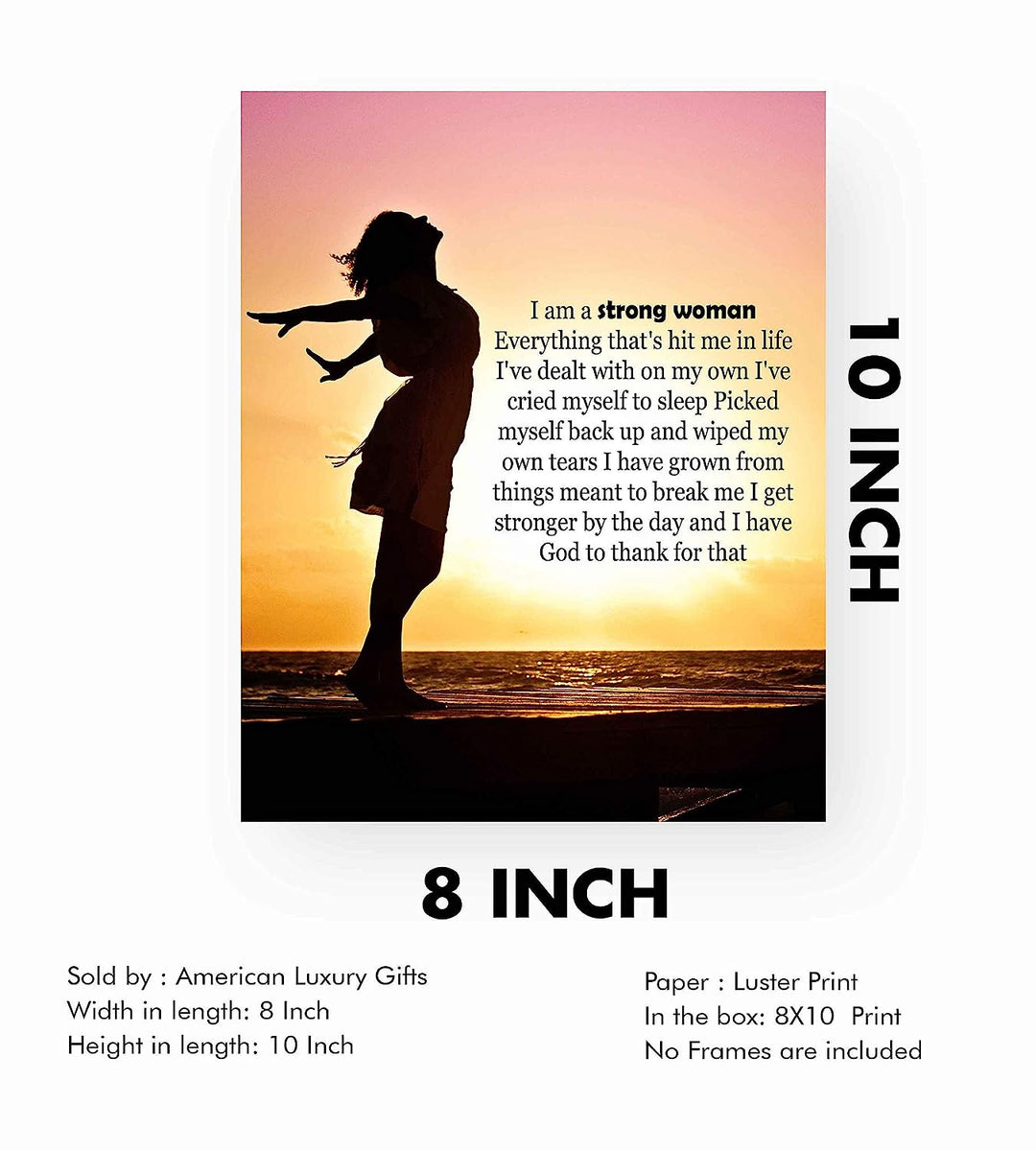 I Am A Strong Woman-I Have God To Thank For That Inspirational Quotes Art Print-8 x 10" Fierce Motivational Wall Sign-Ready to Frame. Ideal Home-Office-Dorm-School Decor. Great Gift of Motivation!