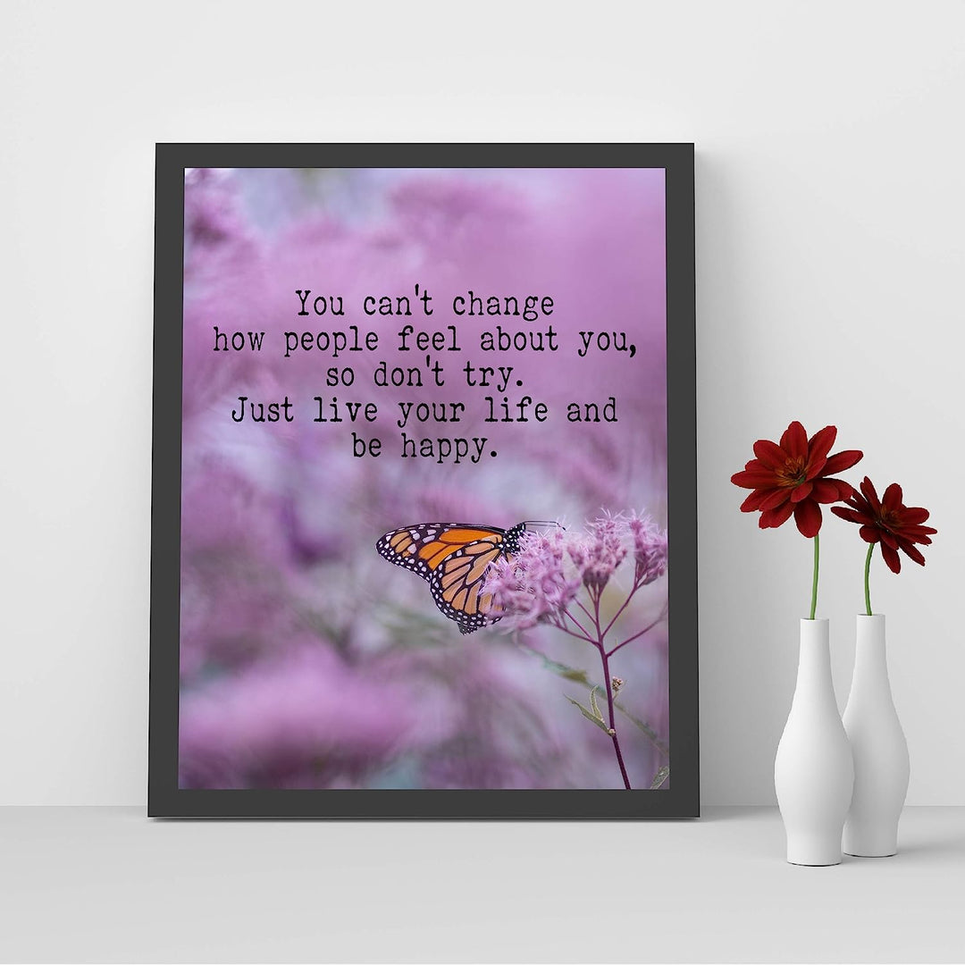 Just Live Your Life &amp; Be Happy-Inspirational Quotes Wall Art-8x10" Typographic Floral Print w/Butterfly Image-Ready to Frame. Motivational Home-Office-Studio-Dorm Decor. Great Advice for Happiness!