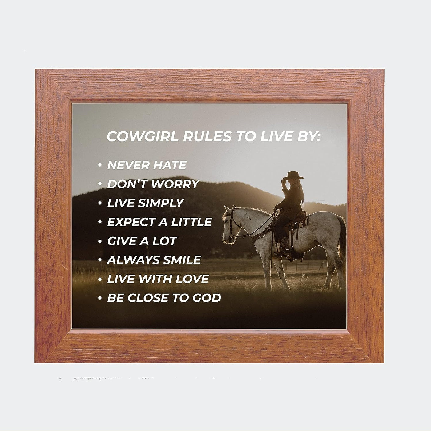 Cowgirl Rules to Live By- Western Wall Art Sign- 10 x 8"- Woman Riding Horse in Mountains Photo Print -Ready to Frame. Country Rustic Decor for Home-Lodge-Camp-Cabin. Great Gift for All Cowgirls!