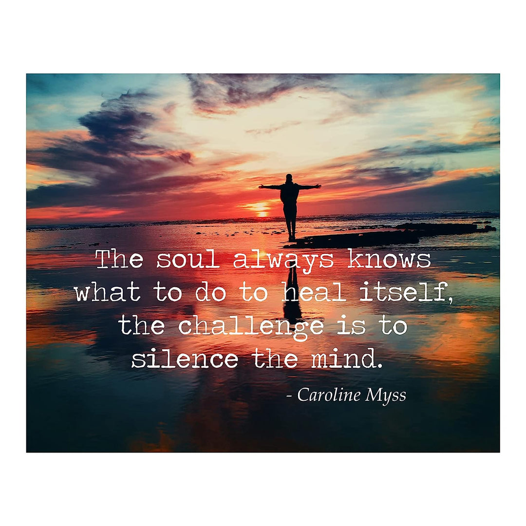 The Challenge Is to Silence the Mind Motivational Quotes Wall Art -10 x 8" Typographic Beach Sunset Print-Ready to Frame. Home-Office-Yoga Studio-School Decor. Great Zen Advice for Meditation!