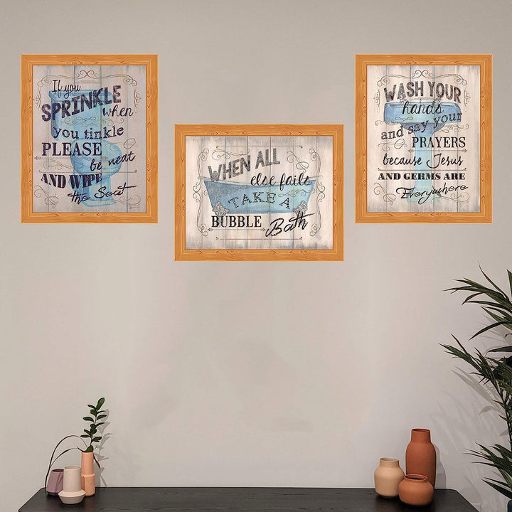 Bathroom"Humor" Funny Bathroom Decor Set (3) 8 x10"s Wall Decor. Rustic, Distressed Wall Prints-Ready To Frame."Tinkles, Prayers &amp; Bubbles"-Wood Sign Replicas. Fun Reminders For Kids-Guest Bath.