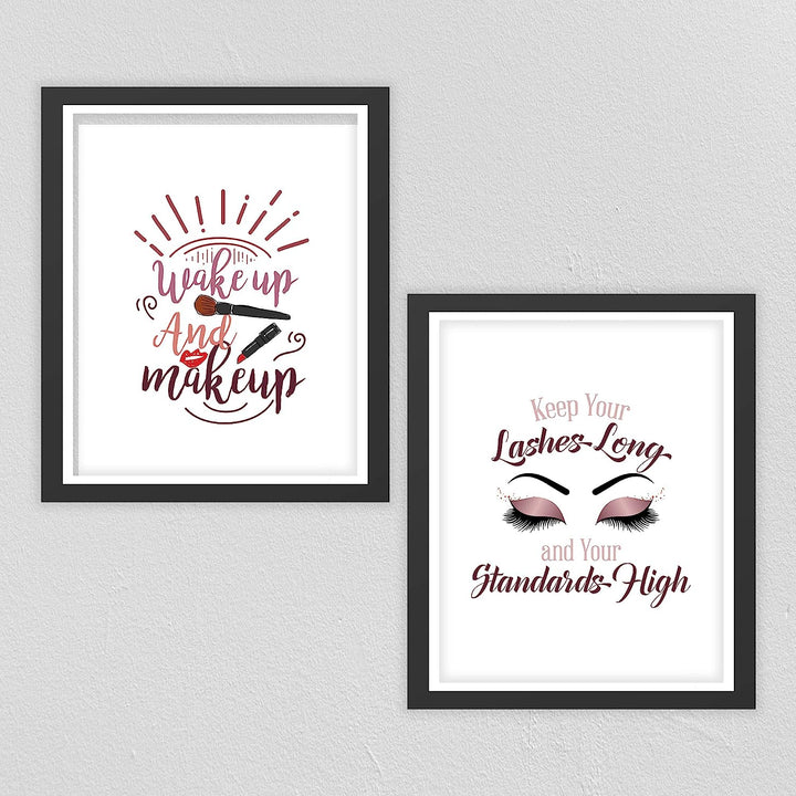 Wake Up &amp; Make Up &amp;"Keep Your Lashes Long-Standards High" Funny Bathroom Sign Set (2)- 8 x 10" Wall Art Prints-Ready to Frame. Home-Girls Bedroom-Bathroom Decor. Perfect Vanity-Salon Decorations!