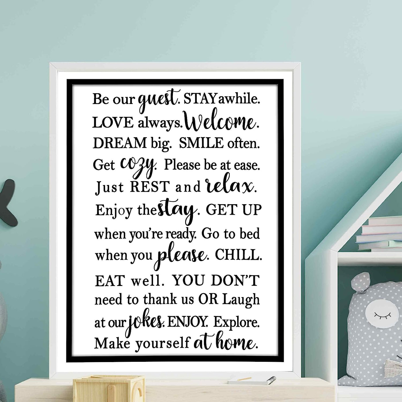 Be Our Guest-Stay Awhile- Welcome Sign Wall Art -11 x 14" Modern Typographic Poster Print-Ready to Frame. Perfect Home-Guest Room-Cabin-B&B-Lake-Beach House Decor. Inviting Message for Guests!