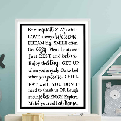 Be Our Guest-Stay Awhile- Welcome Sign Wall Art -11 x 14" Modern Typographic Poster Print-Ready to Frame. Perfect Home-Guest Room-Cabin-B&B-Lake-Beach House Decor. Inviting Message for Guests!