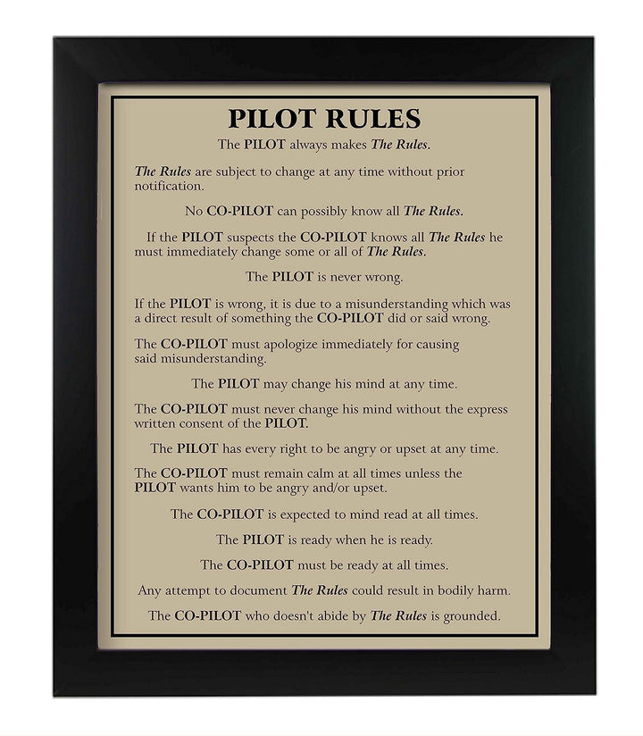 Pilot Rules-Pilot Always Makes The Rules Funny Wall Sign -11 x 14" Typographic Wall Art Print-Ready to Frame. Home-Office-Garage-Cave Decor. Perfect Sign for Plane Hangar! Great Gift for Pilots!