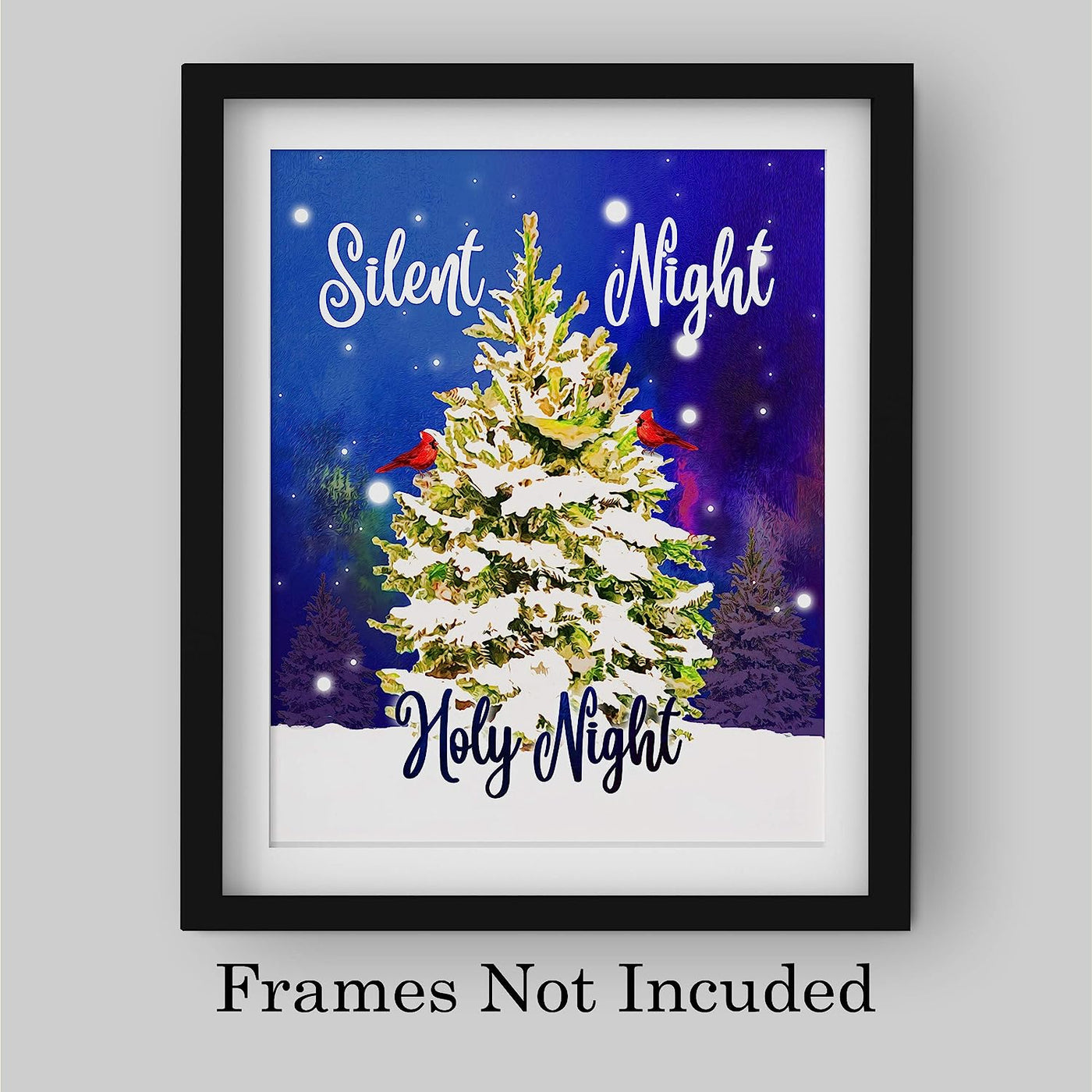 Silent Night-Holy Night Christmas Song Wall Art-8x10" Modern Holiday Music Print w/Cardinals in Tree-Ready to Frame. Home-Kitchen-Farmhouse-Winter Decor. Perfect Welcome Sign! Great Christian Gift!