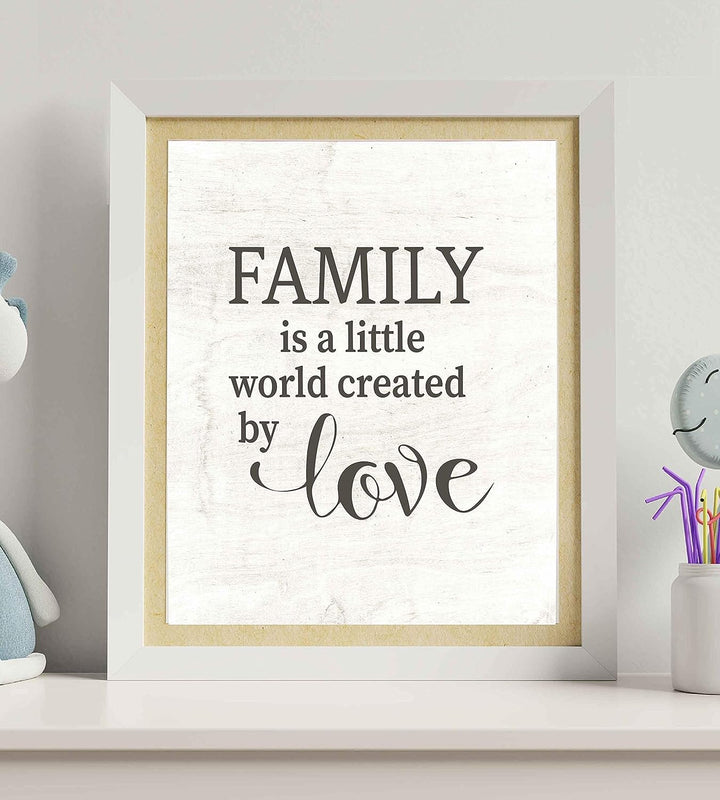 Family Is A Little World Created By Love Inspirational Wall Sign -8 x 10" Rustic Typographic Art Print w/Replica Wood Design-Ready to Frame. Loving Decor for Home-Office-Farmhouse. Great Gift!