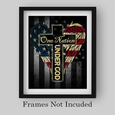 One Nation Under God- Patriotic American Flag Wall Art -8 x 10" Cross with Angel Wings Wall Decor Print -Ready To Frame. Christian Home-Office-Garage-Bar Decor. Show Your Love of God and USA!