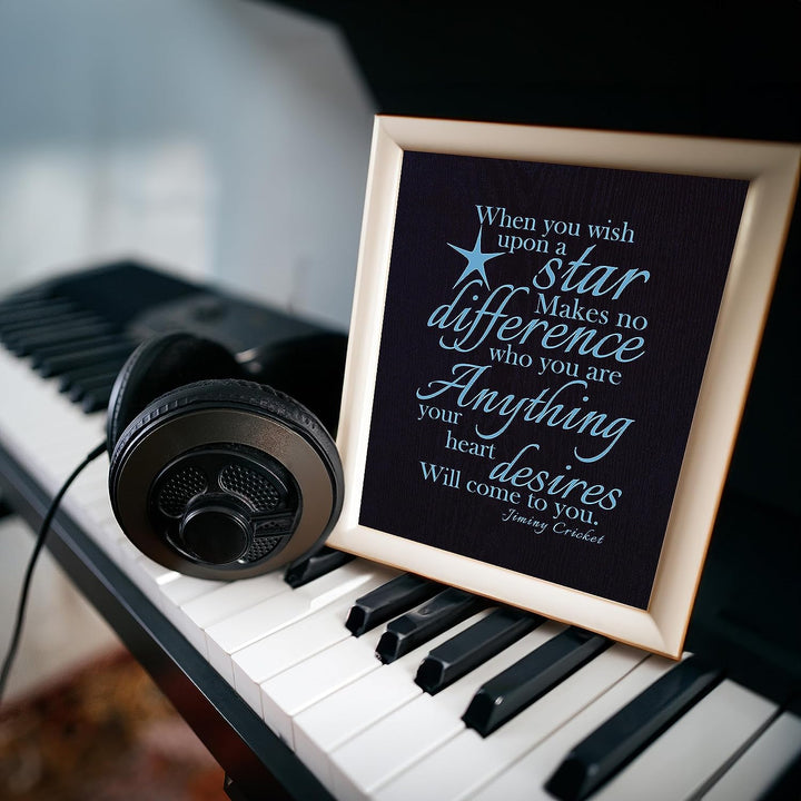 When You Wish Upon a Star -Jiminy Cricket Quotes- Wall Art Decor -8 x 10"-Ready to Frame. Typographic Art Print w/Wood-Grain Design. Inspirational Decor for Home-Office-Studio-Nursery-School.
